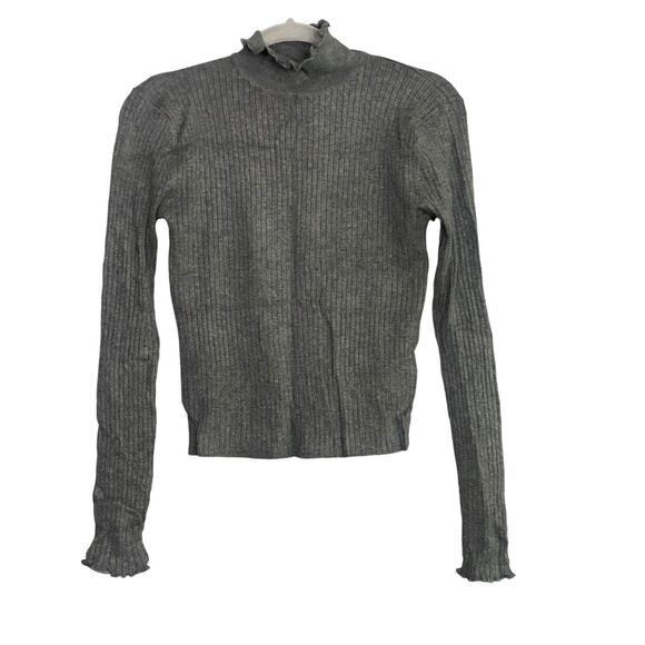 ZARA Ruffled Mock Neck Long Sleeve Rib Knit Stretch Cotton Sweater M Grey #3341 - Picture 1 of 14